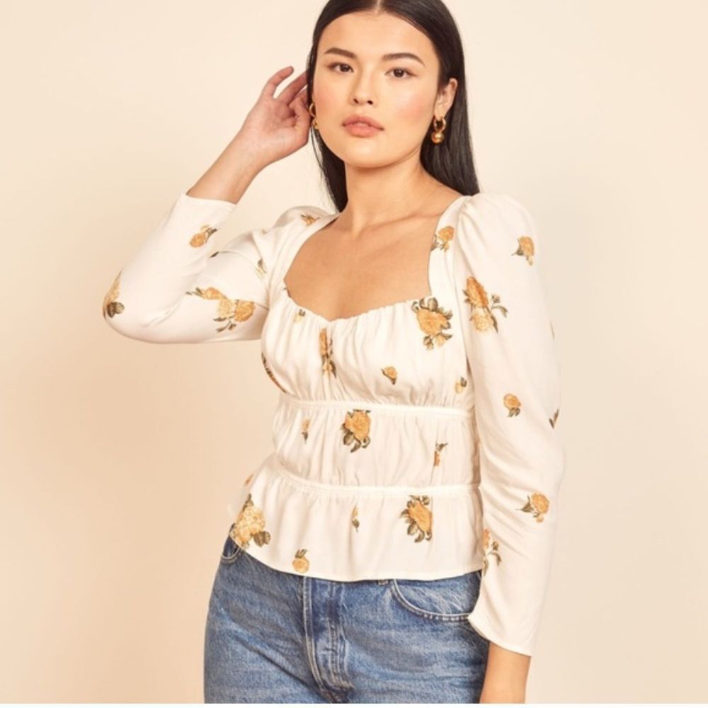 Reformation Cream Floral Milkmaid Puff Sleeve Top Size S